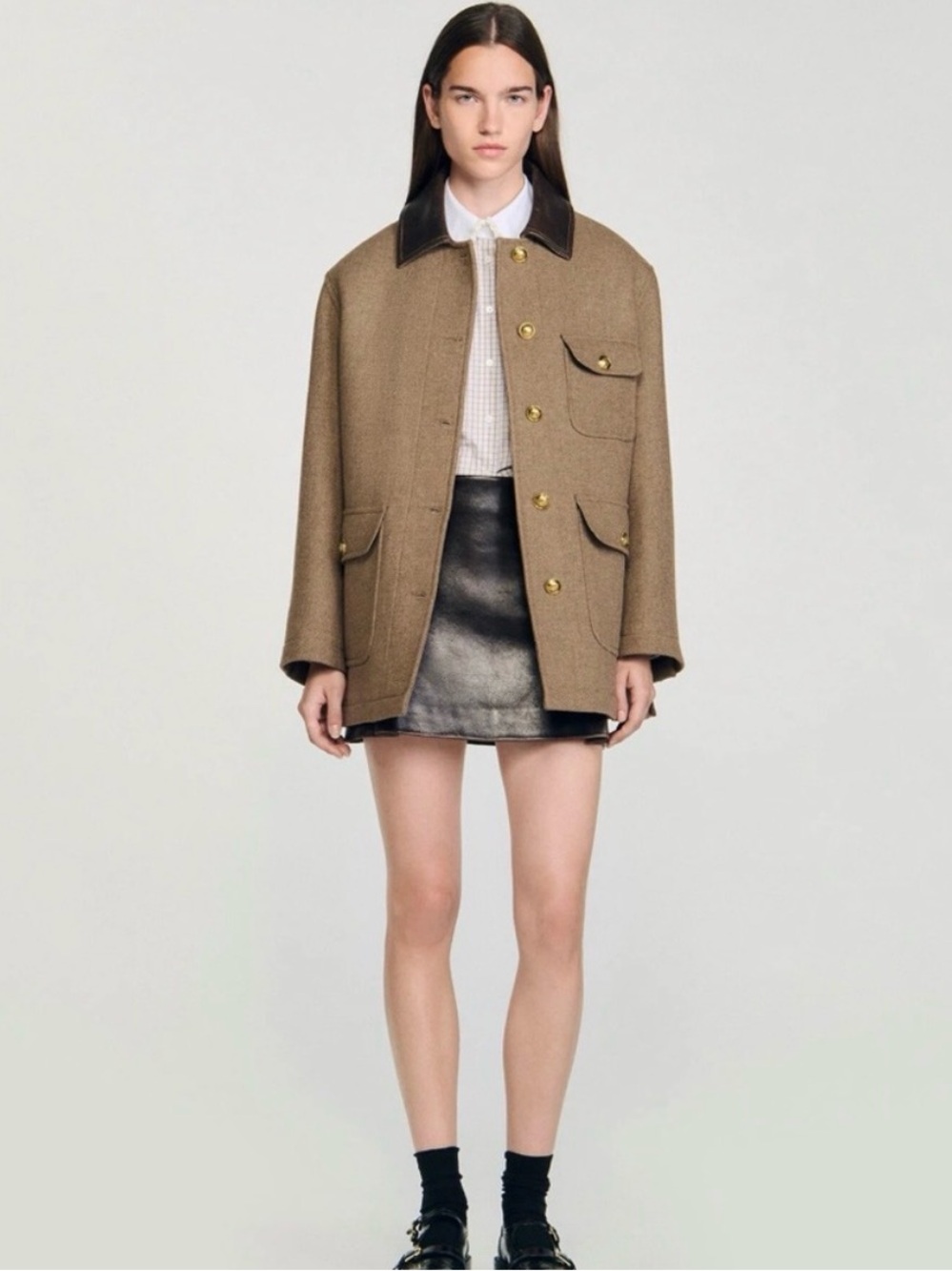 Sandro Tan Wool Jacket with Dark Brown Leather Collar - Picture 2 of 8